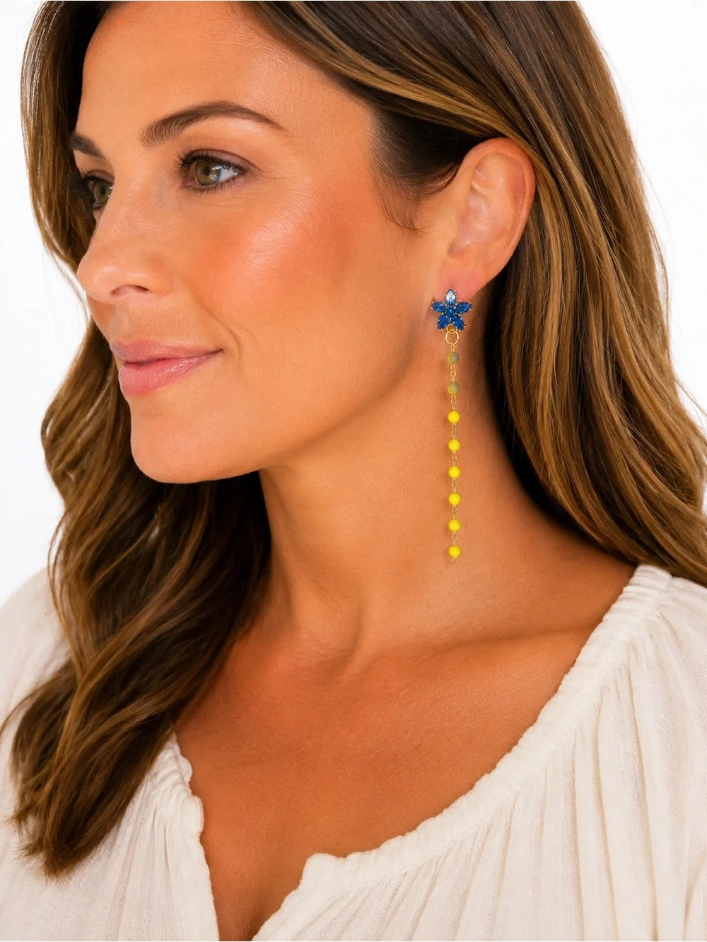 Blue Floral Stud with Yellow Bead Drop Earrings - Women Jewelry